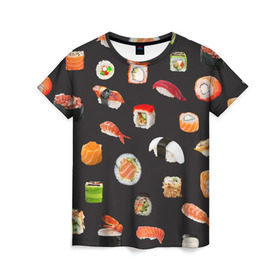 Женская футболка 3D с принтом Суши в Санкт-Петербурге, 100% полиэфир ( синтетическое хлопкоподобное полотно) | прямой крой, круглый вырез горловины, длина до линии бедер | food | rolls | sushi | tokyo | еда | роллы | суши | токио
