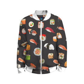 Детский бомбер 3D с принтом Суши в Санкт-Петербурге, 100% полиэстер | застегивается на молнию, по бокам два кармана без застежек, мягкие манжеты, по низу бомбера и на воротнике — эластичная резинка | food | rolls | sushi | tokyo | еда | роллы | суши | токио