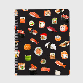 Тетрадь с принтом Суши в Санкт-Петербурге, 100% бумага | 48 листов, плотность листов — 60 г/м2, плотность картонной обложки — 250 г/м2. Листы скреплены сбоку удобной пружинной спиралью. Уголки страниц и обложки скругленные. Цвет линий — светло-серый
 | Тематика изображения на принте: food | rolls | sushi | tokyo | еда | роллы | суши | токио
