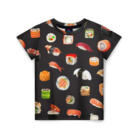 Детская футболка 3D с принтом Суши в Санкт-Петербурге, 100% гипоаллергенный полиэфир | прямой крой, круглый вырез горловины, длина до линии бедер, чуть спущенное плечо, ткань немного тянется | Тематика изображения на принте: food | rolls | sushi | tokyo | еда | роллы | суши | токио