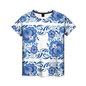 Женская футболка 3D с принтом Гжель в Санкт-Петербурге, 100% полиэфир ( синтетическое хлопкоподобное полотно) | прямой крой, круглый вырез горловины, длина до линии бедер | гжель | текстура | узор | цветы