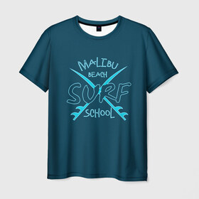 Мужская футболка 3D с принтом Школа серфинга в Санкт-Петербурге, 100% полиэфир | прямой крой, круглый вырез горловины, длина до линии бедер | волна | доска | малибу | море | океан | отдыx | пляж | серфинг | синий | экстрим