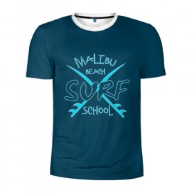 Мужская футболка 3D спортивная с принтом Школа серфинга в Санкт-Петербурге, 100% полиэстер с улучшенными характеристиками | приталенный силуэт, круглая горловина, широкие плечи, сужается к линии бедра | волна | доска | малибу | море | океан | отдыx | пляж | серфинг | синий | экстрим