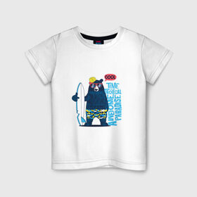 Детская футболка хлопок с принтом Медведь в Санкт-Петербурге, 100% хлопок | круглый вырез горловины, полуприлегающий силуэт, длина до линии бедер | каникулы | лето | медведи | медведь | море | отдых | отпуск | пляж | с медведем | серф | серфинг