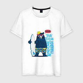Мужская футболка хлопок с принтом Медведь в Санкт-Петербурге, 100% хлопок | прямой крой, круглый вырез горловины, длина до линии бедер, слегка спущенное плечо. | каникулы | лето | медведи | медведь | море | отдых | отпуск | пляж | с медведем | серф | серфинг