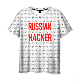 Мужская футболка 3D с принтом Russian Hacker в Санкт-Петербурге, 100% полиэфир | прямой крой, круглый вырез горловины, длина до линии бедер | cracker | hacker | keyboard | russian | skull | взломщик | клавиатура | крекер | русский | хакер | череп