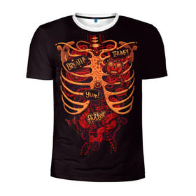 Мужская футболка 3D спортивная с принтом Человеческий скелет в Санкт-Петербурге, 100% полиэстер с улучшенными характеристиками | приталенный силуэт, круглая горловина, широкие плечи, сужается к линии бедра | Тематика изображения на принте: 3d скелет | кости | легкие | органы | ребра | сердце | скелет | человек