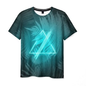 Мужская футболка 3D с принтом Neon light blue в Санкт-Петербурге, 100% полиэфир | прямой крой, круглый вырез горловины, длина до линии бедер | неон | папоротник | треугольник