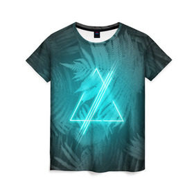 Женская футболка 3D с принтом Neon light blue в Санкт-Петербурге, 100% полиэфир ( синтетическое хлопкоподобное полотно) | прямой крой, круглый вырез горловины, длина до линии бедер | неон | папоротник | треугольник