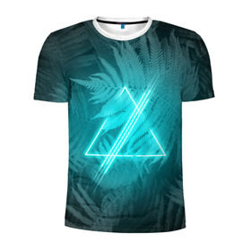Мужская футболка 3D спортивная с принтом Neon light blue в Санкт-Петербурге, 100% полиэстер с улучшенными характеристиками | приталенный силуэт, круглая горловина, широкие плечи, сужается к линии бедра | Тематика изображения на принте: неон | папоротник | треугольник