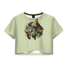 Женская футболка 3D укороченная с принтом Бульбазавр в Санкт-Петербурге, 100% полиэстер | круглая горловина, длина футболки до линии талии, рукава с отворотами | pocket monster | pokemon | аниме | изба | избушка | кичум | пикачу | эш