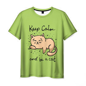 Мужская футболка 3D с принтом Keep Calm and be a cat в Санкт-Петербурге, 100% полиэфир | прямой крой, круглый вырез горловины, длина до линии бедер | cat | keep calm | домашние любимцы | животные | котики | котэ | котята | любовь | милые
