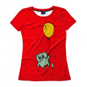 Женская футболка 3D с принтом Котик на шарике в Санкт-Петербурге, 100% полиэфир ( синтетическое хлопкоподобное полотно) | прямой крой, круглый вырез горловины, длина до линии бедер | cat | домашние любимцы | животные | котики | котэ | котята | любовь | милые | шарик