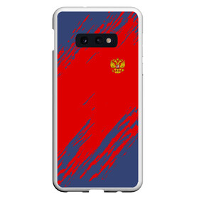 Чехол для Samsung S10E с принтом RUSSIA SPORT в Санкт-Петербурге, Силикон | Область печати: задняя сторона чехла, без боковых панелей | russia | белый | болельщик | герб | двуглавый орел | корона | красный | лошадь | модные | надписи | орел | патриот | россия | синий | спорт | спортивные | триколор | униформа | фанат | цвет