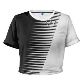 Женская футболка 3D укороченная с принтом MERCEDES BENZ SPORT в Санкт-Петербурге, 100% полиэстер | круглая горловина, длина футболки до линии талии, рукава с отворотами | 