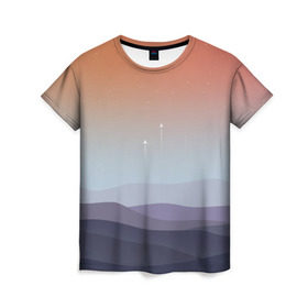 Женская футболка 3D с принтом Безмятежность в Санкт-Петербурге, 100% полиэфир ( синтетическое хлопкоподобное полотно) | прямой крой, круглый вырез горловины, длина до линии бедер | landscape | stars | барханы | взлёт | звёзды | космос | небо | пейзаж | пески | полёт | пустыня | ракета