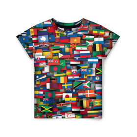 Детская футболка 3D с принтом Флаги всех стран в Санкт-Петербурге, 100% гипоаллергенный полиэфир | прямой крой, круглый вырез горловины, длина до линии бедер, чуть спущенное плечо, ткань немного тянется | интернационал | мир | паттерн | флаг