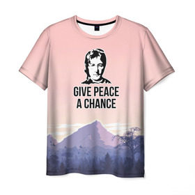 Мужская футболка 3D с принтом Give Peace a Chance в Санкт-Петербурге, 100% полиэфир | прямой крой, круглый вырез горловины, длина до линии бедер | битлз | горы | джон леннон | ленон | мир | песня | цитаты | шанс
