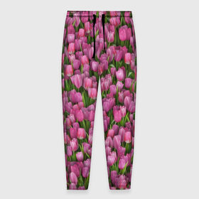 Мужские брюки 3D с принтом Розовые тюльпаны в Санкт-Петербурге, 100% полиэстер | манжеты по низу, эластичный пояс регулируется шнурком, по бокам два кармана без застежек, внутренняя часть кармана из мелкой сетки | 