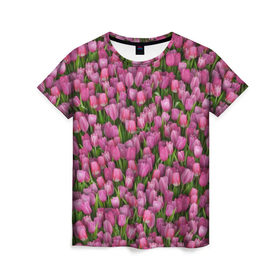 Женская футболка 3D с принтом Розовые тюльпаны в Санкт-Петербурге, 100% полиэфир ( синтетическое хлопкоподобное полотно) | прямой крой, круглый вырез горловины, длина до линии бедер | 