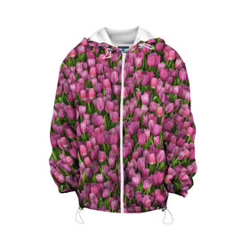 Детская куртка 3D с принтом Розовые тюльпаны в Санкт-Петербурге, 100% полиэстер | застежка — молния, подол и капюшон оформлены резинкой с фиксаторами, по бокам — два кармана без застежек, один потайной карман на груди, плотность верхнего слоя — 90 г/м2; плотность флисового подклада — 260 г/м2 | 