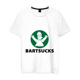 Мужская футболка хлопок с принтом Bartsucks в Санкт-Петербурге, 100% хлопок | прямой крой, круглый вырез горловины, длина до линии бедер, слегка спущенное плечо. | bart | homer | simpsons | барт | гомер | старбакс
