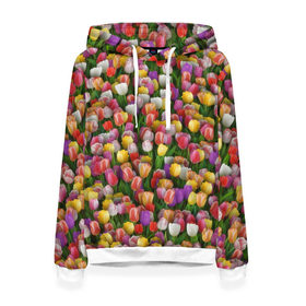 Женская толстовка 3D с принтом Разноцветные тюльпаны в Санкт-Петербурге, 100% полиэстер  | двухслойный капюшон со шнурком для регулировки, мягкие манжеты на рукавах и по низу толстовки, спереди карман-кенгуру с мягким внутренним слоем. | 8 марта | tulip | белый | букет | желтый | зеленый | красный | паттерн | розовый | тюльпан | тюльпанчики | цветок | цветочки | цветы