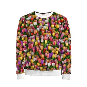 Детский свитшот 3D с принтом Разноцветные тюльпаны в Санкт-Петербурге, 100% полиэстер | свободная посадка, прямой крой, мягкая тканевая резинка на рукавах и понизу свитшота | Тематика изображения на принте: 8 марта | tulip | белый | букет | желтый | зеленый | красный | паттерн | розовый | тюльпан | тюльпанчики | цветок | цветочки | цветы