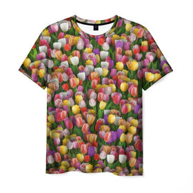 Мужская футболка 3D с принтом Разноцветные тюльпаны в Санкт-Петербурге, 100% полиэфир | прямой крой, круглый вырез горловины, длина до линии бедер | Тематика изображения на принте: 8 марта | tulip | белый | букет | желтый | зеленый | красный | паттерн | розовый | тюльпан | тюльпанчики | цветок | цветочки | цветы