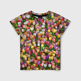 Детская футболка 3D с принтом Разноцветные тюльпаны в Санкт-Петербурге, 100% гипоаллергенный полиэфир | прямой крой, круглый вырез горловины, длина до линии бедер, чуть спущенное плечо, ткань немного тянется | 8 марта | tulip | белый | букет | желтый | зеленый | красный | паттерн | розовый | тюльпан | тюльпанчики | цветок | цветочки | цветы