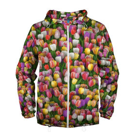 Мужская ветровка 3D с принтом Разноцветные тюльпаны в Санкт-Петербурге, 100% полиэстер | подол и капюшон оформлены резинкой с фиксаторами, два кармана без застежек по бокам, один потайной карман на груди | Тематика изображения на принте: 8 марта | tulip | белый | букет | желтый | зеленый | красный | паттерн | розовый | тюльпан | тюльпанчики | цветок | цветочки | цветы