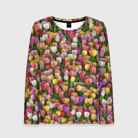 Женский лонгслив 3D с принтом Разноцветные тюльпаны в Санкт-Петербурге, 100% полиэстер | длинные рукава, круглый вырез горловины, полуприлегающий силуэт | Тематика изображения на принте: 8 марта | tulip | белый | букет | желтый | зеленый | красный | паттерн | розовый | тюльпан | тюльпанчики | цветок | цветочки | цветы