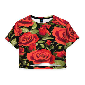 Женская футболка 3D укороченная с принтом Великолепные розы в Санкт-Петербурге, 100% полиэстер | круглая горловина, длина футболки до линии талии, рукава с отворотами | flower | pattern | spring | букет | весна | паттерн | праздник | розы | цветочный | цветы