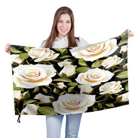 Флаг 3D с принтом Белые розы в Санкт-Петербурге, 100% полиэстер | плотность ткани — 95 г/м2, размер — 67 х 109 см. Принт наносится с одной стороны | flower | pattern | spring | букет | весна | паттерн | праздник | розы | цветочный | цветы