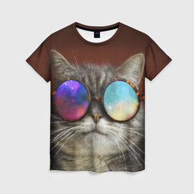 Женская футболка 3D с принтом котейки в Санкт-Петербурге, 100% полиэфир ( синтетическое хлопкоподобное полотно) | прямой крой, круглый вырез горловины, длина до линии бедер | cat | взгляд | космос | кот | котик | очки