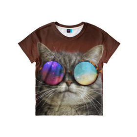 Детская футболка 3D с принтом котейки в Санкт-Петербурге, 100% гипоаллергенный полиэфир | прямой крой, круглый вырез горловины, длина до линии бедер, чуть спущенное плечо, ткань немного тянется | cat | взгляд | космос | кот | котик | очки