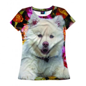 Женская футболка 3D с принтом Хаски в Санкт-Петербурге, 100% полиэфир ( синтетическое хлопкоподобное полотно) | прямой крой, круглый вырез горловины, длина до линии бедер | весна | собака