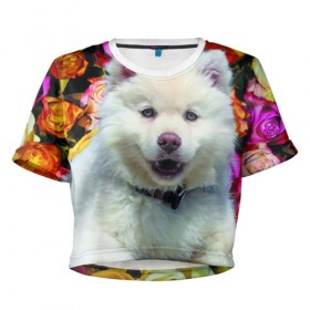 Женская футболка 3D укороченная с принтом Хаски в Санкт-Петербурге, 100% полиэстер | круглая горловина, длина футболки до линии талии, рукава с отворотами | весна | собака