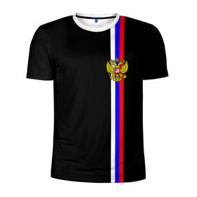 Мужская футболка 3D спортивная с принтом Лента с гербом России в Санкт-Петербурге, 100% полиэстер с улучшенными характеристиками | приталенный силуэт, круглая горловина, широкие плечи, сужается к линии бедра | Тематика изображения на принте: герб | россия | рф | триколор