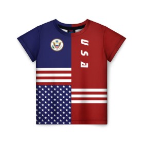 Детская футболка 3D с принтом USA (США) в Санкт-Петербурге, 100% гипоаллергенный полиэфир | прямой крой, круглый вырез горловины, длина до линии бедер, чуть спущенное плечо, ткань немного тянется | us | usa | америка | американец | американка | американцы | америки | герб | доллар | знак | надпись | патриот | полосы | символ | соединенные | страна | сша | флаг | флага | цвета | штаты
