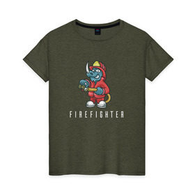 Женская футболка хлопок с принтом Пожарный в Санкт-Петербурге, 100% хлопок | прямой крой, круглый вырез горловины, длина до линии бедер, слегка спущенное плечо | fire | firefighter | борец с огнем | для пожарных | носорог | огонь | пожар | пожарник | пожарный