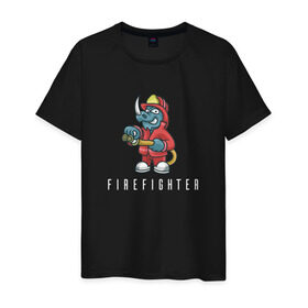 Мужская футболка хлопок с принтом Пожарный в Санкт-Петербурге, 100% хлопок | прямой крой, круглый вырез горловины, длина до линии бедер, слегка спущенное плечо. | fire | firefighter | борец с огнем | для пожарных | носорог | огонь | пожар | пожарник | пожарный