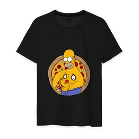 Мужская футболка хлопок с принтом Гомер и пицца в Санкт-Петербурге, 100% хлопок | прямой крой, круглый вырез горловины, длина до линии бедер, слегка спущенное плечо. | homer | simpsons | гомер