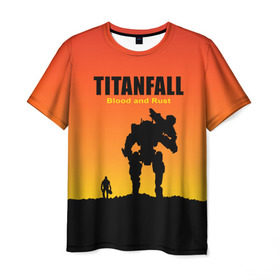 Мужская футболка 3D с принтом Titanfall 2 в Санкт-Петербурге, 100% полиэфир | прямой крой, круглый вырез горловины, длина до линии бедер | blood and rust | game | воин | закат | игра | кровь и ржавчина | робот