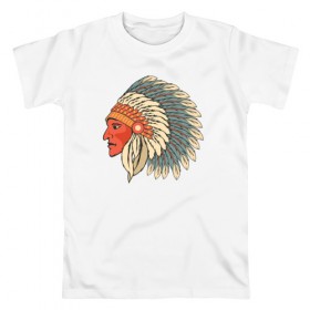 Мужская футболка хлопок с принтом Индеец в Санкт-Петербурге, 100% хлопок | прямой крой, круглый вырез горловины, длина до линии бедер, слегка спущенное плечо. | 