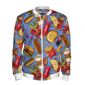 Мужской бомбер 3D с принтом Fastfood в Санкт-Петербурге, 100% полиэстер | застегивается на молнию, по бокам два кармана без застежек, по низу бомбера и на воротнике - эластичная резинка | chicken | coffee | cola | drink | dunts | eat | fastfood | frenchfires | hotdog | lollypop | pizza | sweets | бургер | еда | кола | кофе | лимонад | напитки | пицца | пончик | фастфуд | хотдог