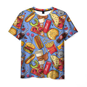 Мужская футболка 3D с принтом Fastfood в Санкт-Петербурге, 100% полиэфир | прямой крой, круглый вырез горловины, длина до линии бедер | chicken | coffee | cola | drink | dunts | eat | fastfood | frenchfires | hotdog | lollypop | pizza | sweets | бургер | еда | кола | кофе | лимонад | напитки | пицца | пончик | фастфуд | хотдог