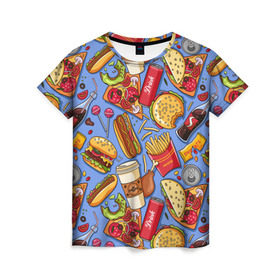 Женская футболка 3D с принтом Fastfood в Санкт-Петербурге, 100% полиэфир ( синтетическое хлопкоподобное полотно) | прямой крой, круглый вырез горловины, длина до линии бедер | chicken | coffee | cola | drink | dunts | eat | fastfood | frenchfires | hotdog | lollypop | pizza | sweets | бургер | еда | кола | кофе | лимонад | напитки | пицца | пончик | фастфуд | хотдог
