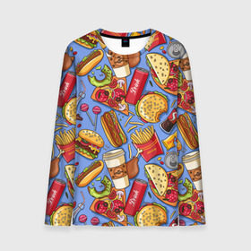 Мужской лонгслив 3D с принтом Fastfood в Санкт-Петербурге, 100% полиэстер | длинные рукава, круглый вырез горловины, полуприлегающий силуэт | chicken | coffee | cola | drink | dunts | eat | fastfood | frenchfires | hotdog | lollypop | pizza | sweets | бургер | еда | кола | кофе | лимонад | напитки | пицца | пончик | фастфуд | хотдог