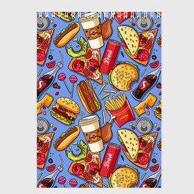 Скетчбук с принтом Fastfood в Санкт-Петербурге, 100% бумага
 | 48 листов, плотность листов — 100 г/м2, плотность картонной обложки — 250 г/м2. Листы скреплены сверху удобной пружинной спиралью | Тематика изображения на принте: chicken | coffee | cola | drink | dunts | eat | fastfood | frenchfires | hotdog | lollypop | pizza | sweets | бургер | еда | кола | кофе | лимонад | напитки | пицца | пончик | фастфуд | хотдог